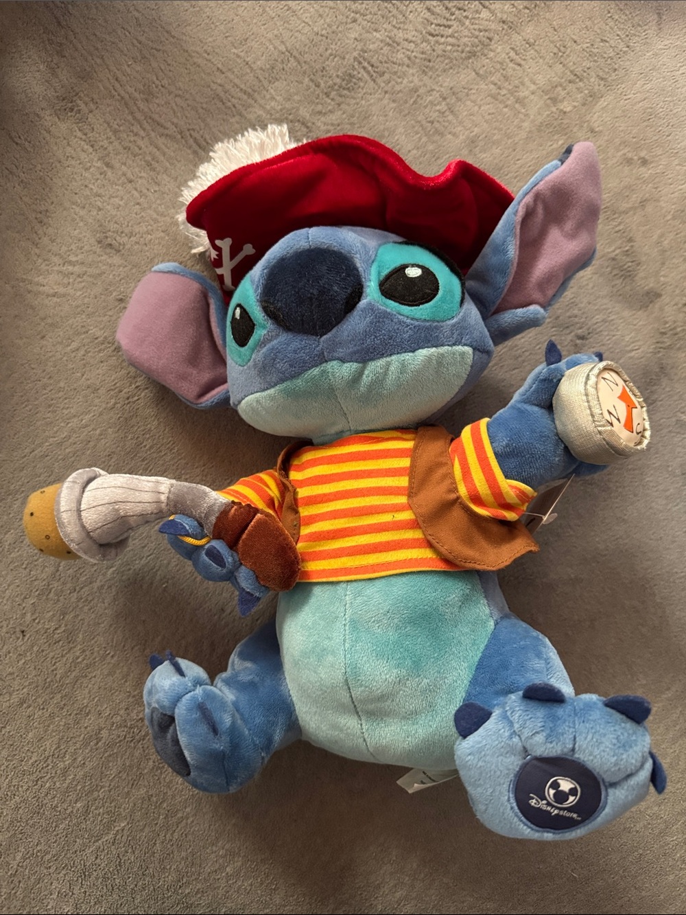 Disney Blue Stitch Pirate Plush with Red Hat and Orange-Striped Shirt